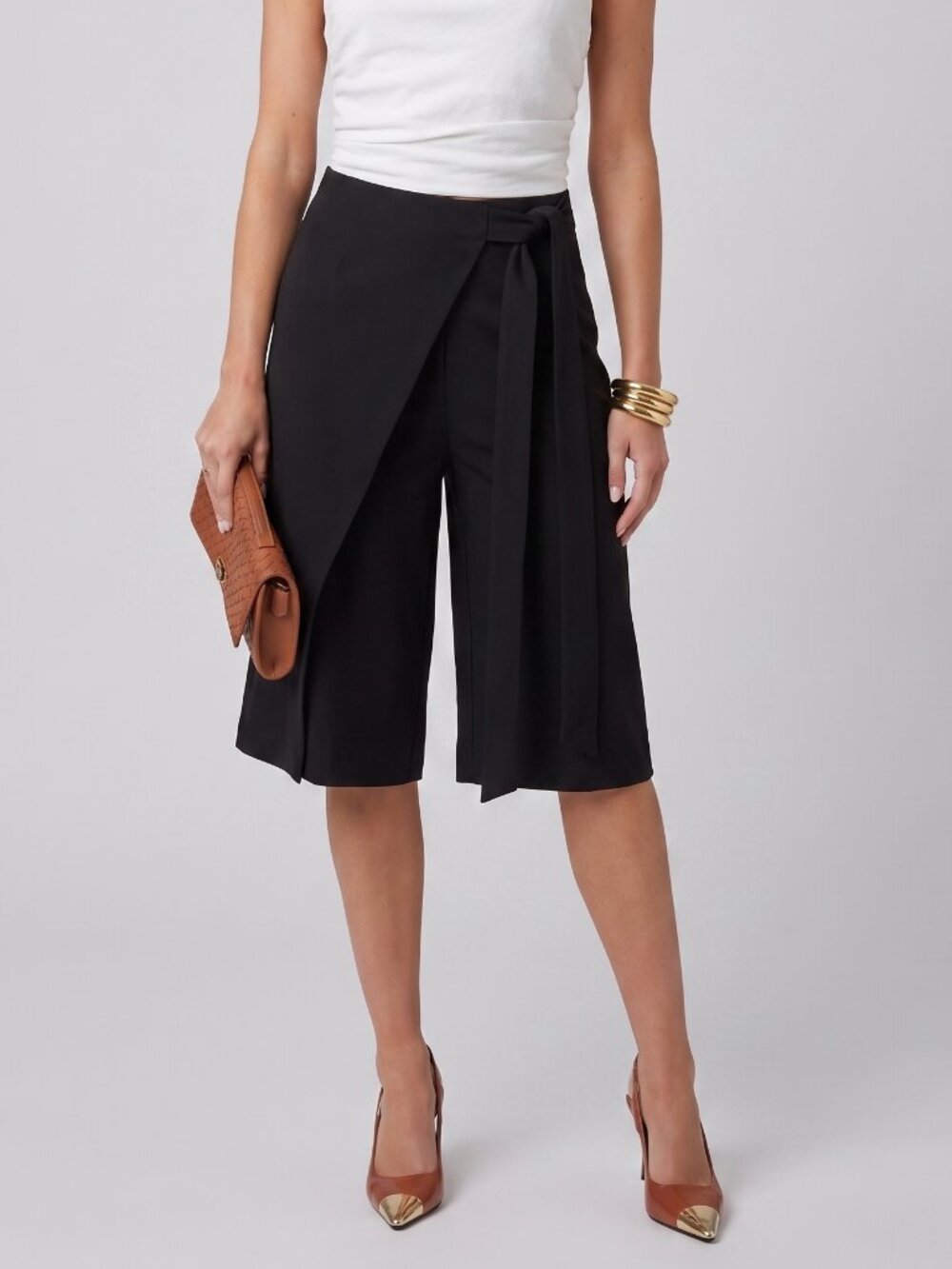 Women's Black Wrap Bermuda Shorts Tailored Wide Leg Tie Waist Culotte Trousers